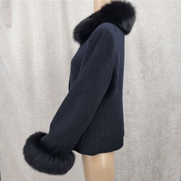 Patty Lewis Vintage Cashmere Wool Elegant Black Fur Trimmed Women's Jacket Coat - Picture 5 of 11